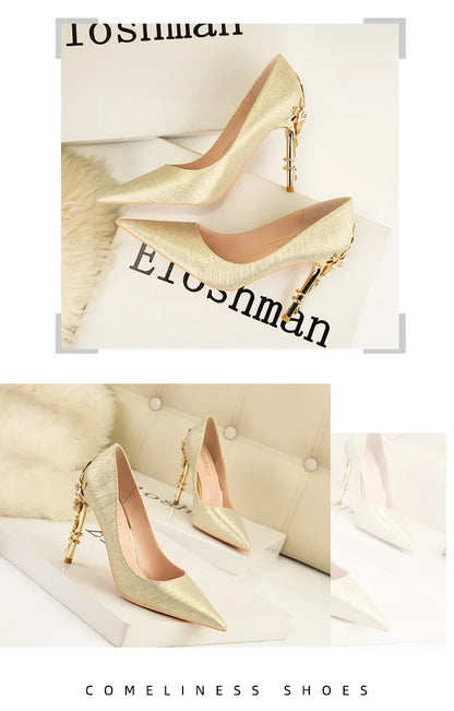 EtherealBe elegant blue flower embellished women's heels with stylish gold accent for formal occasions