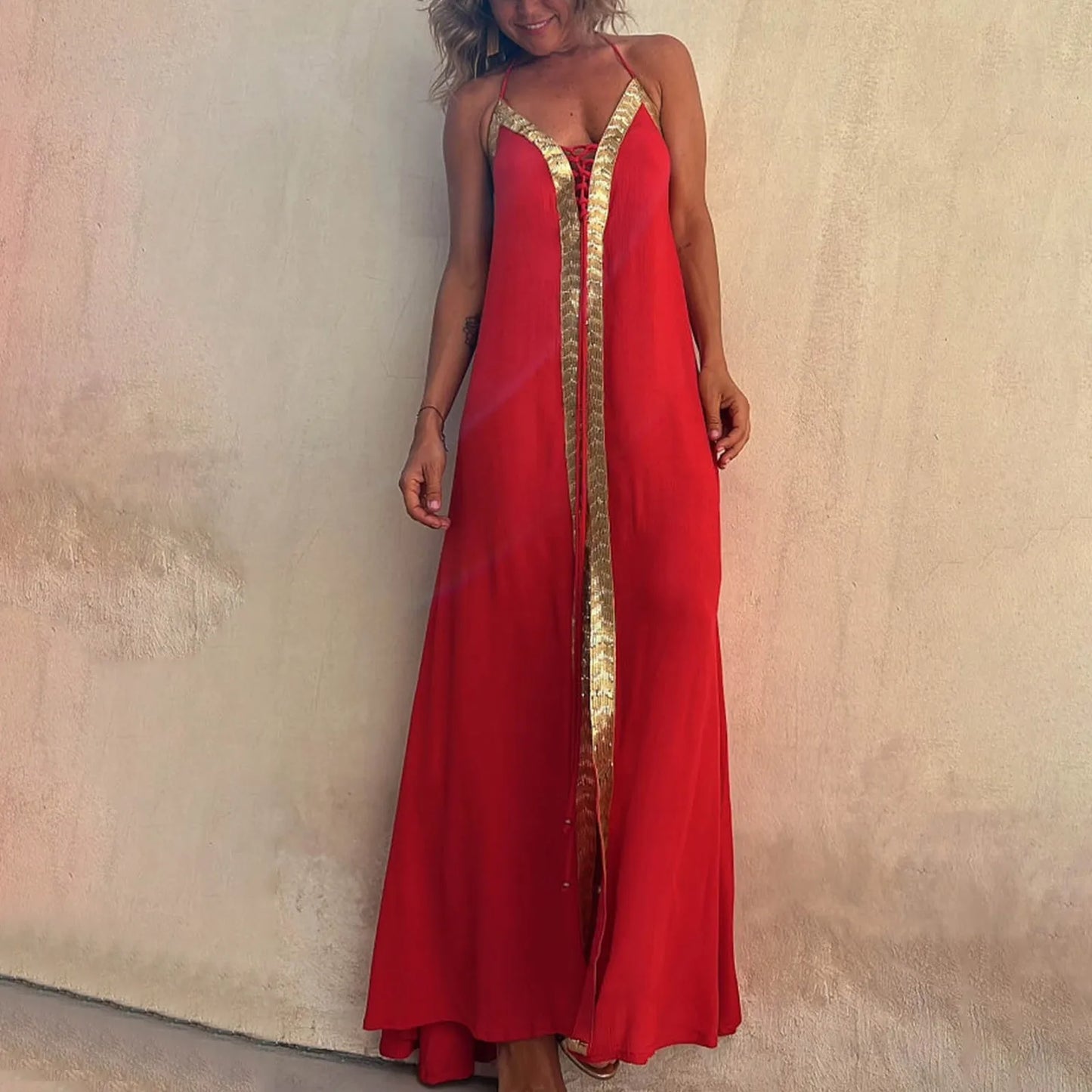 Summer Womens Boho Dresses Lace Up Halter Maxi Dress Vacation Beach Dresses Vestidos Bohemian Long Sundress платье женское