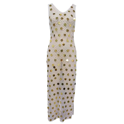 2024 Summer New Beach Skirt Women'S Sequin Knitted Hollow Out Beach Bikini Swimwear Dress Cover Up Sunscreen Female Clothing