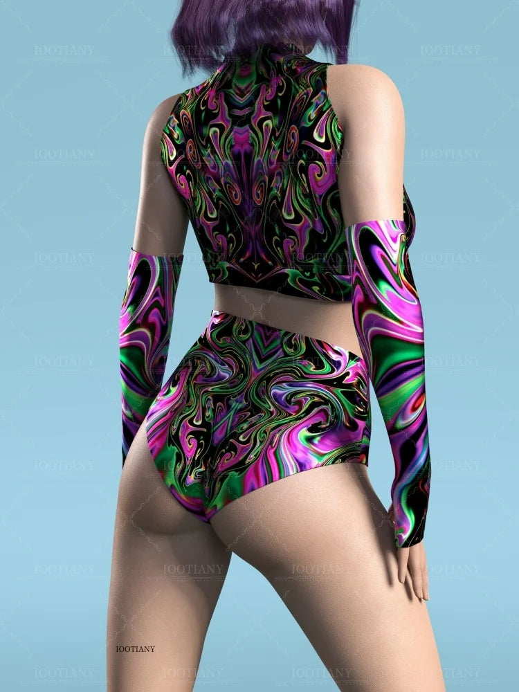 Adult Sleeveless Multicolor Role Play Bodysuit Swimsuit Women Sexy Hollow Off Shoulder Graffiti Art Bodycon Performance Costume