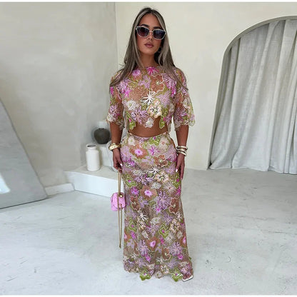See Through Print Tank Top Women Set Urban Hollow Out O-neck Top Hip Package Skirts 2025 Summer Holidays Beach Lady Outfit