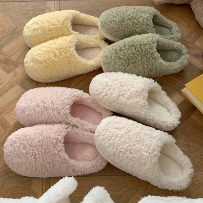 Japanese Simple Solid Color Home Slippers For Women Fluffy Winter Warm Indoor Bedroom Slides Female Furry Shoes