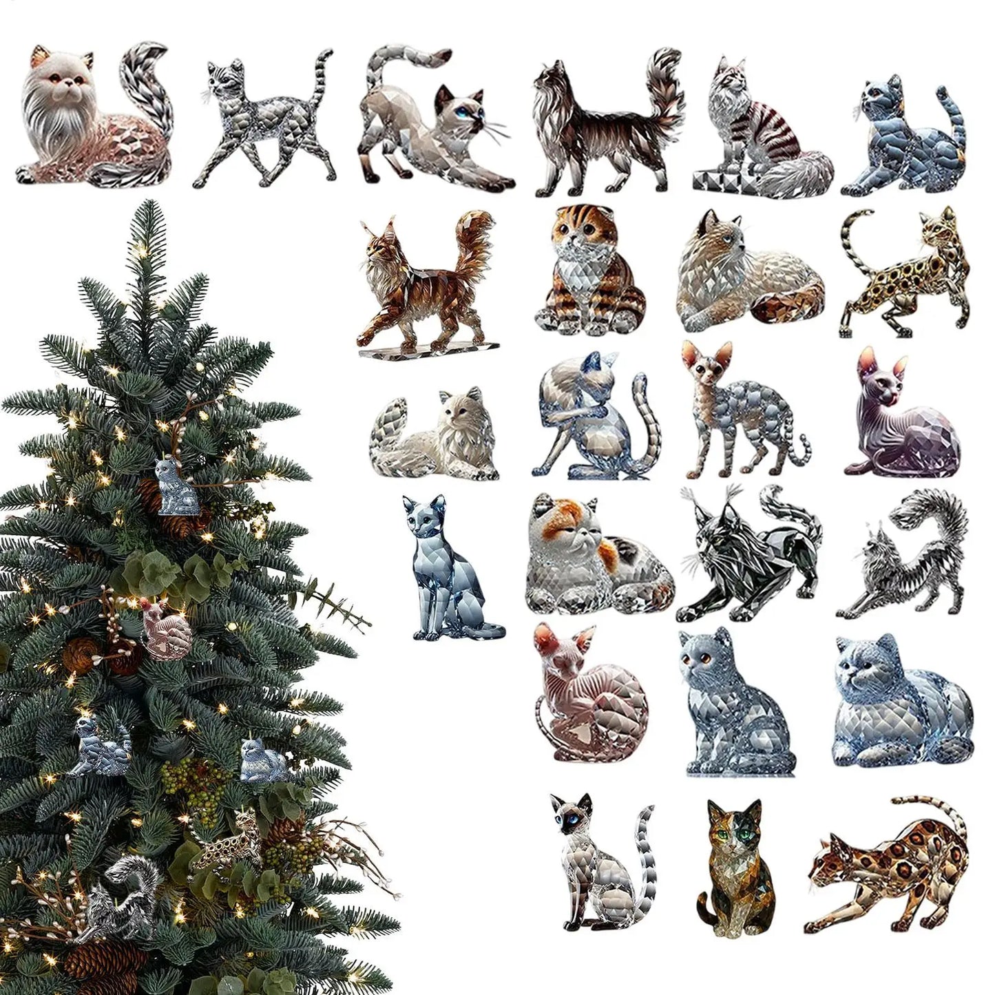 Cat Christmas Countdown 24 Days Christmas Advent Calendar 2D Acrylic Cat Collectible Figurine for Xmas Tree Decor Kids Gifts