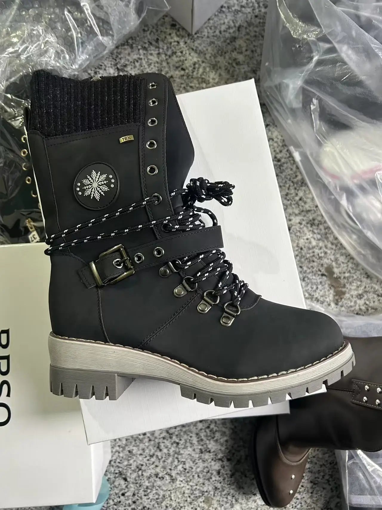 2025 Women Winter Buckle Lace Knitted Mid-calf Boots Low Heel Round Toe Boots Top Quality Winter Warm Boots Women Botas De Mujer