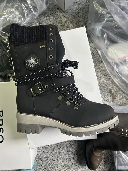 2025 Women Winter Buckle Lace Knitted Mid-calf Boots Low Heel Round Toe Boots Top Quality Winter Warm Boots Women Botas De Mujer