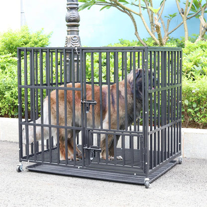XXL Large Heavy Duty Dog Crate Strong Pet Cage Tear Resistant Square Tube Metal Kennel Playpen with Lockable Wheels and Tray
