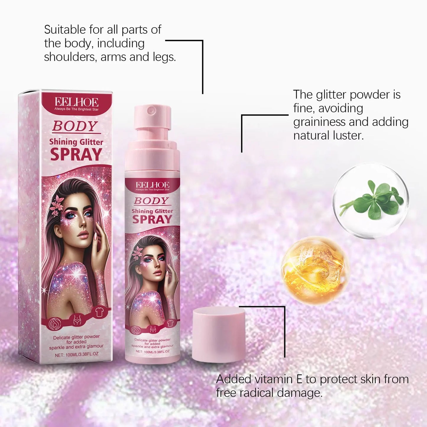 100ml Body Glitter Highlighter Shiny Glitter Spray Body Spray Womens Face Glitter Quick-Dry Waterproof Fairy Body Shimmery Spray