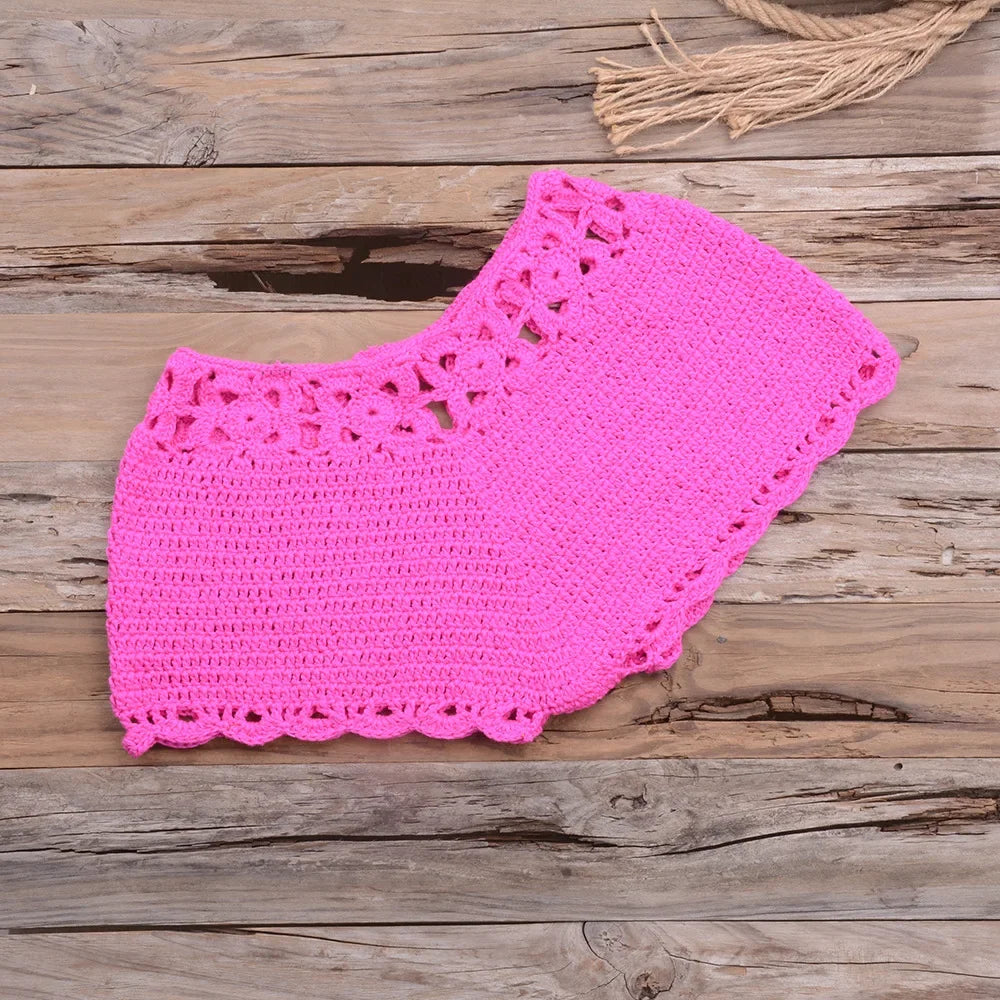 Sexy Hollow out Hooked Bikini Set Short Style Beachwear Pure Color Vacation Cover up Beach Clothes Women's Fashion Swimwear