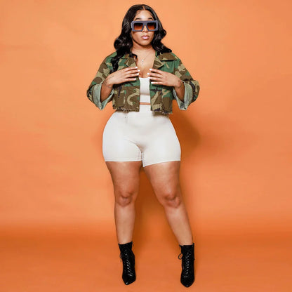 Women's Clothes Coats Casual Fashion Camouflage Print Large Pocket Lapel Long Sleeve Short Jacket for Women