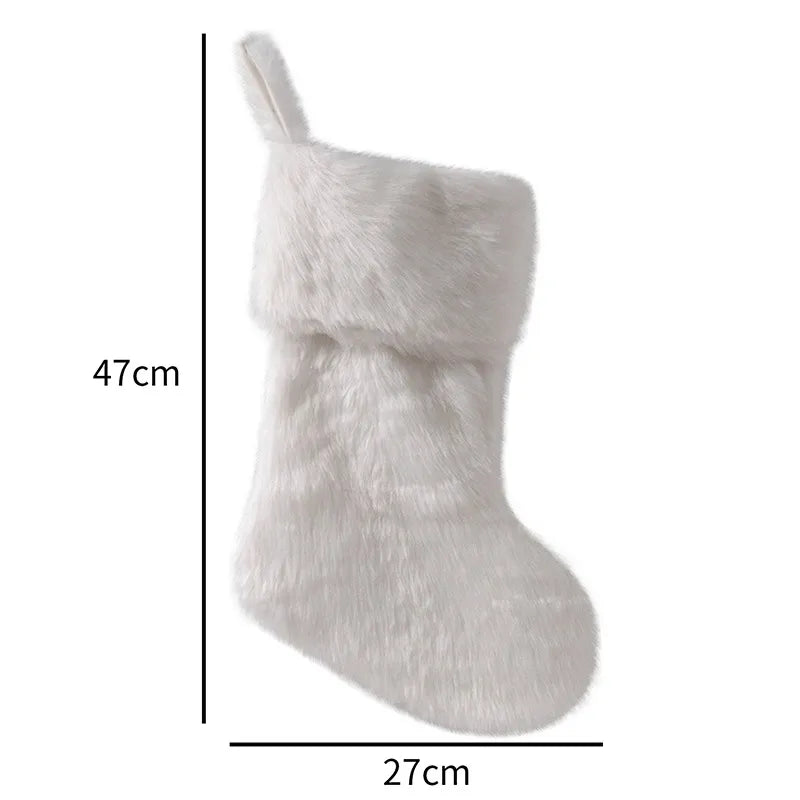Large White Christmas Stockings Plush Socks Gifts Candy Bag Xmas Tree Pocket Hanging Ornament New Year Christma Decorations