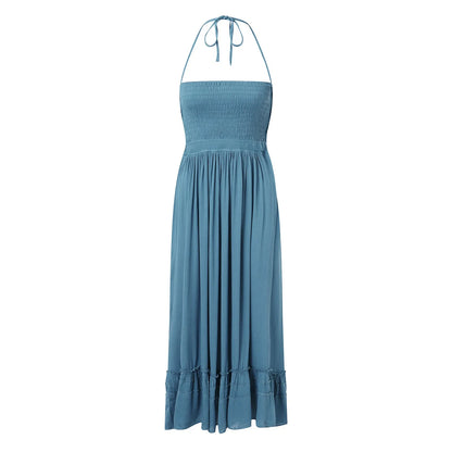 Womens Dresses 2024 Spring Summer Deep V Neck Women'S Smocked Maxi Dresses Summer 2023 Sexy Flowy Beach Long Backless Slip 롱원피스