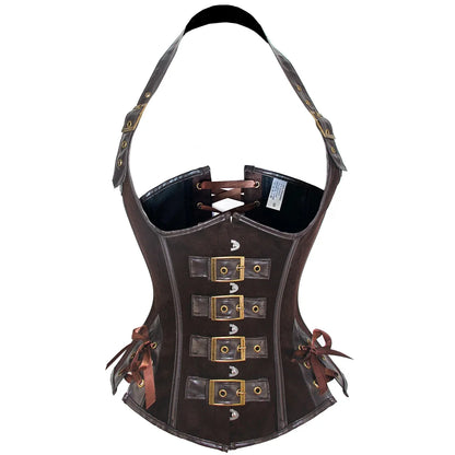Brown Suede Corset Top with PU Leather Gothic Steampunk Bustier Lace Up Slim Waist Shapewear Women Halloween Cosplay Costume