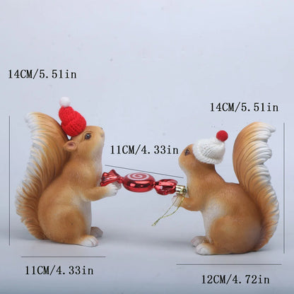 1 set of Christmas squirrels holding gifts and holiday decorations