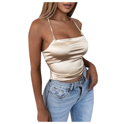 Slim Backless Crop Tops Soft Ice Silk Sexy Camisole Women's Club Party Bandage Camis Y2k Sexy Tank Tops Blusas Ropa De Mujer