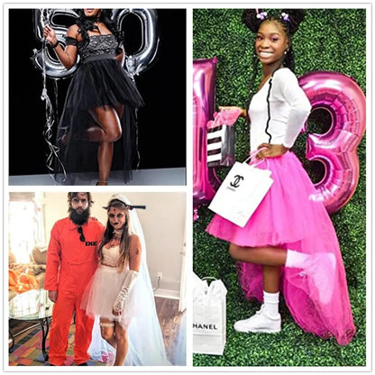 MisShow Gothic Women Hi-Lo Long Tulle Tutu Punk Skirt Elastic Waist High Low Mesh Net Halloween Cosplay Costume Maxi Skirts