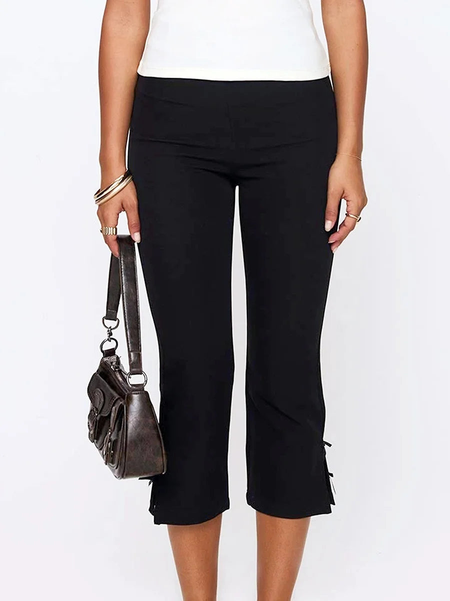 Women Capri Pants Solid Color Bow Decor Summer Casual Cropped Pants Stretch Crop Leggings