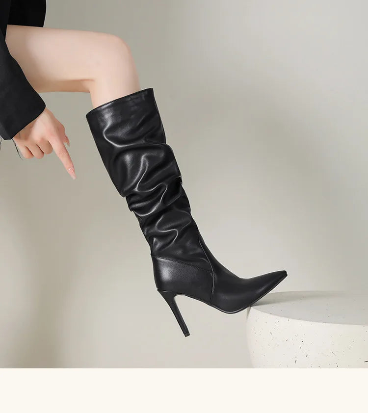 2025 Winter Knee Boots With Heels Woman 10CM Stiletto Fashion Slip on Pointy Autumn Shoes Women Soft Leather Pleated Long Boots