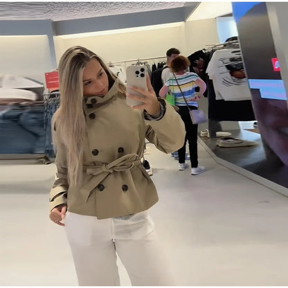 Belted Waist Cropped Trench Double Breasted Stand Collar 2025 Autumn Chic Elegant Women Coat Casual Vintage Office Lady Jacket