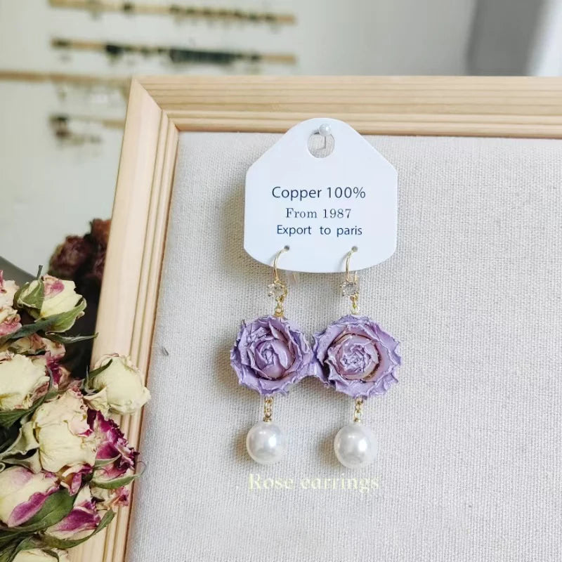 Unique Immortal Flower Earrings Elegant Natural Flower Pearl Drop Earrings Statement Jewelry Epoxy Resin Real Rose Earring 2024