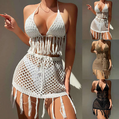 Women'S Sexy Halter Deep V Bikinis Set New Hollow Knit Tassels Swimsuit Drawstring Lace Up Bikini Cover Up 3 Pieces Swimsuit