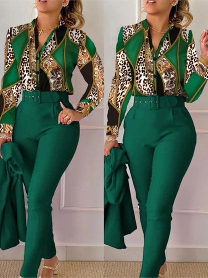 Autumn Winter Stand Neck Floral Print Long Sleeve Shirt Pants Two Piece Sets Elegant Women Casual Shirt Trousers Suits With Belt