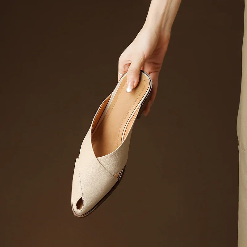 2024 Summer Slippers Women Genuine Leather Shoes for Women Pointed Toe Low Heel Mules Elegant Sandals Women Slides Ladies Shoes