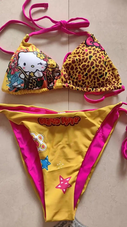 Kawaii Japanese Hello Kitty Girls Split Strap Summer Bikini Seaside Fashion Resort Swimsuit Leopard Print Cartoon Dopamine Swim