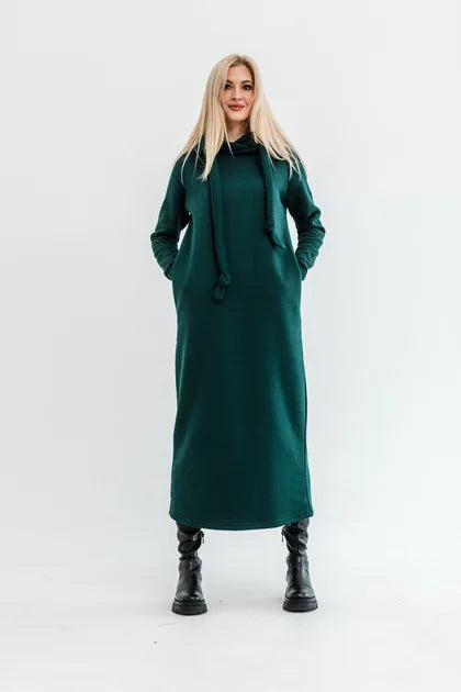 Plus Size Women Fashion Loose Autumn Winter Large Knitted Hooded Long Dress Velvet Hoodie Casual Dress Splicing Warm Dress