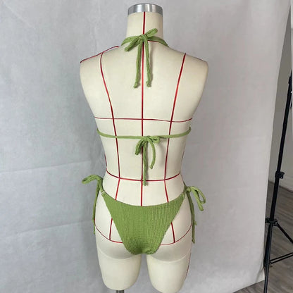 BEACHCICI Women's Bikini Three Piece Sexy Solid Halterneck Hollow Out Lace Up Mesh Cloth Tie Up Slim Beach Holiday Swimsuit