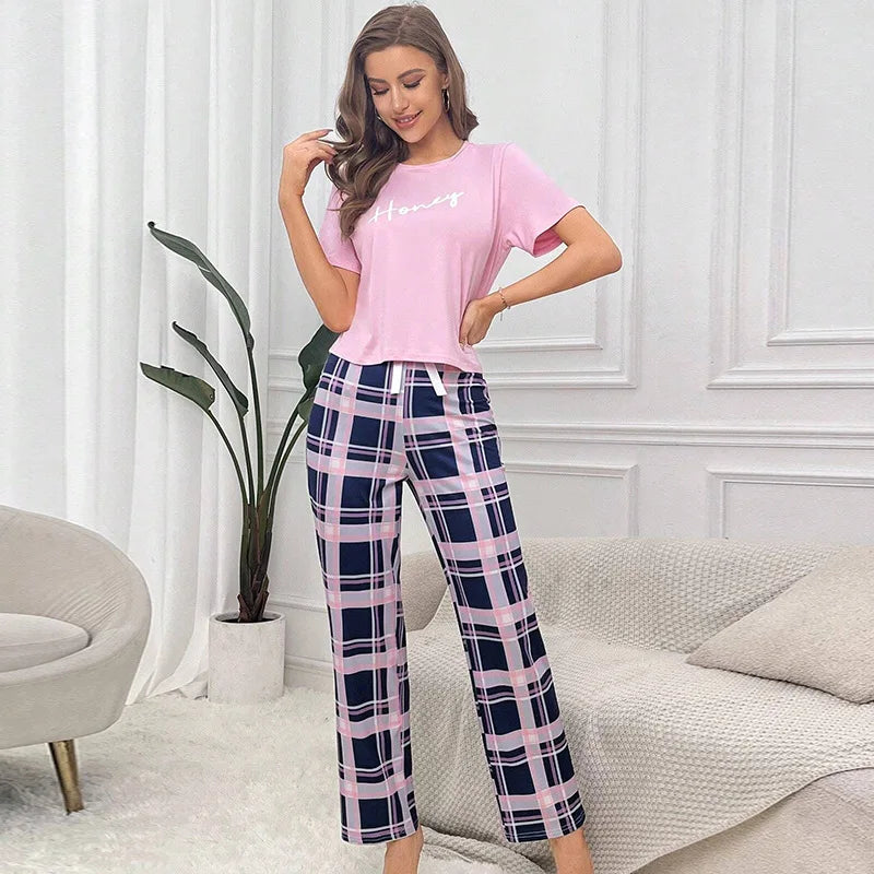 Women Pajama Set Super Soft Cotton Short Sleeve Pink Tops With Long Pants  Two Pieces High Quality Sexy Lingerie Homewear Set