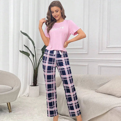 Women Pajama Set Super Soft Cotton Short Sleeve Pink Tops With Long Pants  Two Pieces High Quality Sexy Lingerie Homewear Set