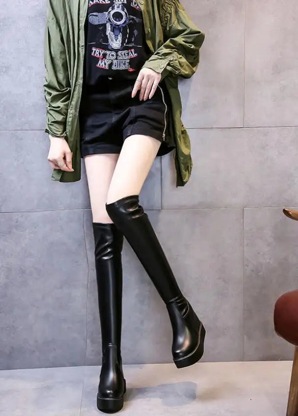 Knee Thigh High New In Women's Boots Genuine Leather Fur Long Shoes for Women Winter 2025 Wedges Chunky Platform Heeled Black