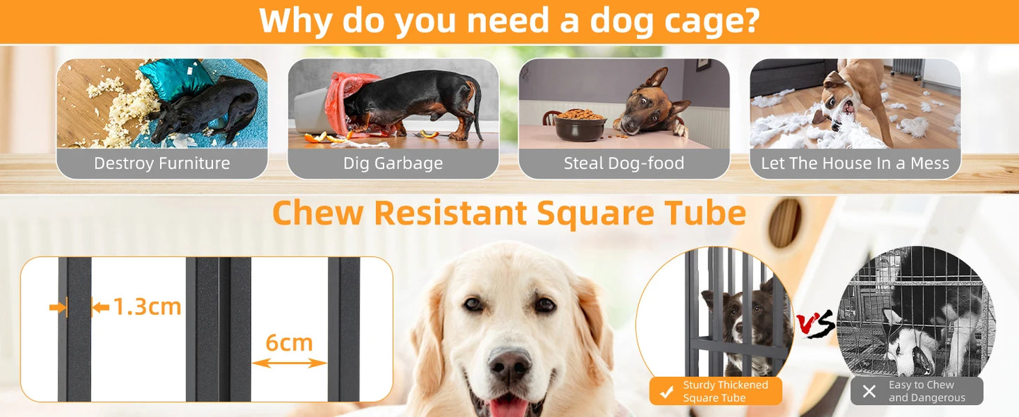 XXL Large Heavy Duty Dog Crate Strong Pet Cage Tear Resistant Square Tube Metal Kennel Playpen with Lockable Wheels and Tray