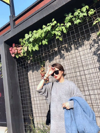 Winter Women Dress Fall Sweater Women Dress Long Sleeve Knitted Dresses Maxi Vintage Oversize Dresses Knitting Thick Warm Purple