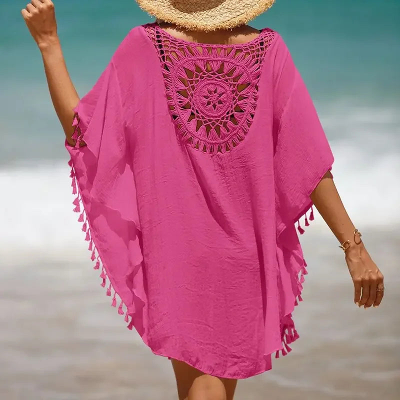 Women Casual Bohemian Holiday Outfits Beachwear Bikini Cover Up Summer Solid Color Hollow Out Beach Dress