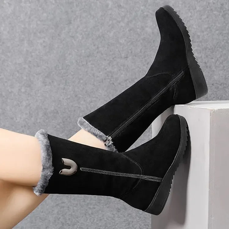 Warm Chelsea High Fur Boots Women 2025 Winter Shoes for Women Chunky Mid-calf Plush Snow Flat Boots ZIP Fashion Botas De Mujer