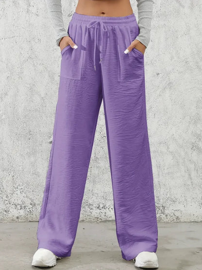 Solid Drawstring Wide Leg Pants, Casual Elastic Waist Slant Pocket Pants For Spring & Summer, Women's Clothing