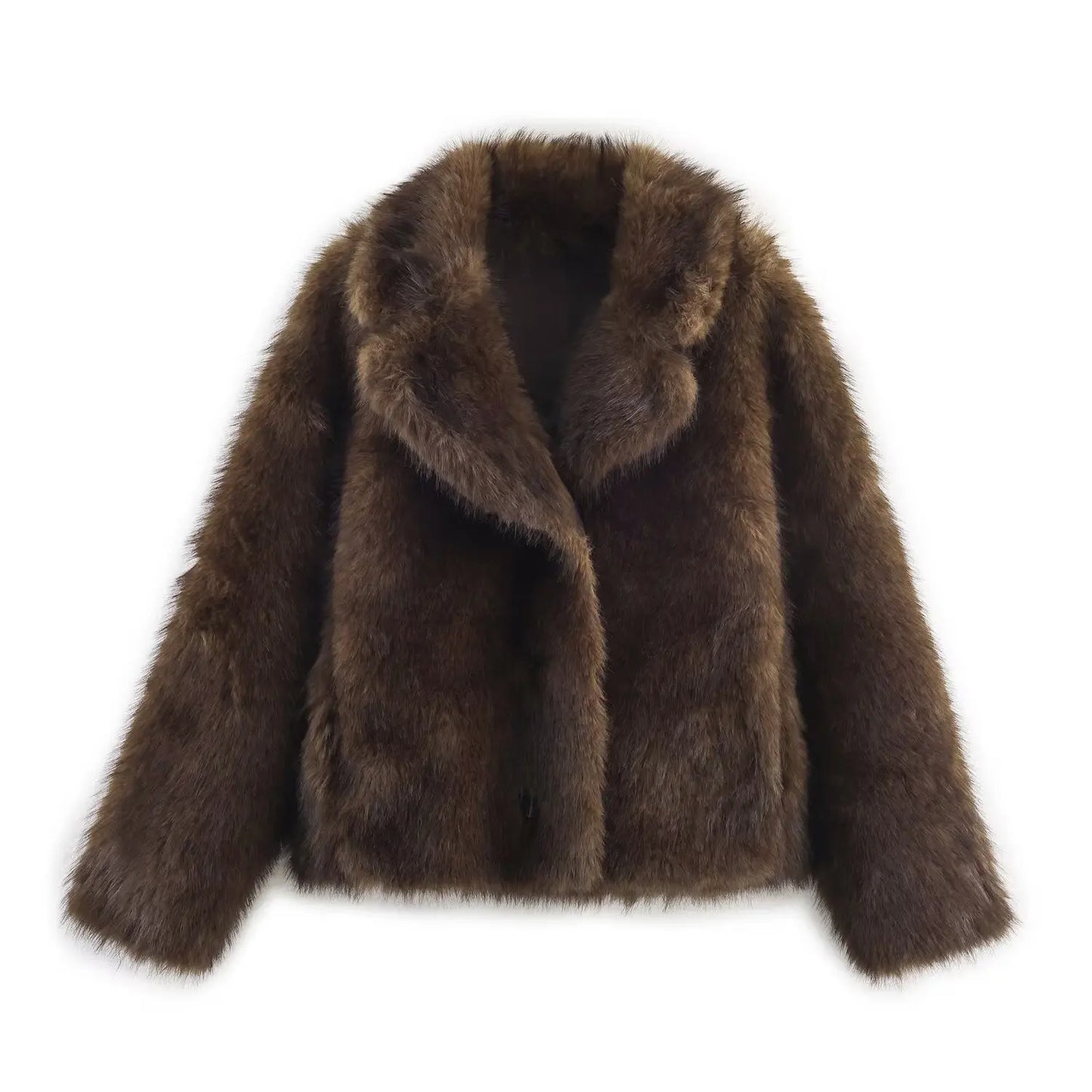 HH Winter Woman Elegant Casual Warm Coat Women Lapel Buttons Pocket Long Sleeves Outwear Reversible Faux Fur Effect Jacket