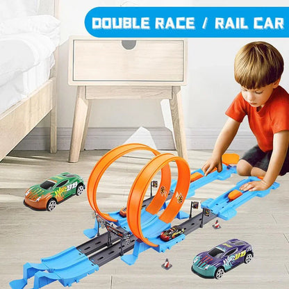 Stunt Speed Double Competition Car Wheels Model Racing Track DIY Assembled Rail Kits Catapult Vehicle Boy Toys For Children Gift