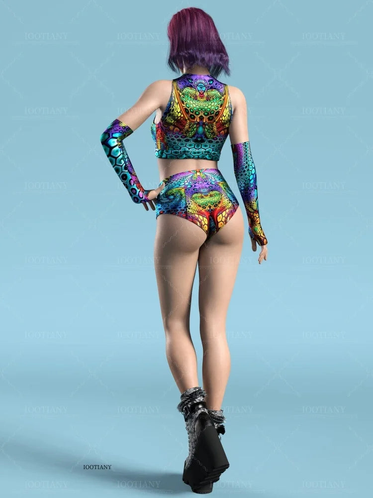 Adult Sleeveless Multicolor Role Play Bodysuit Swimsuit Women Sexy Hollow Off Shoulder Graffiti Art Bodycon Performance Costume