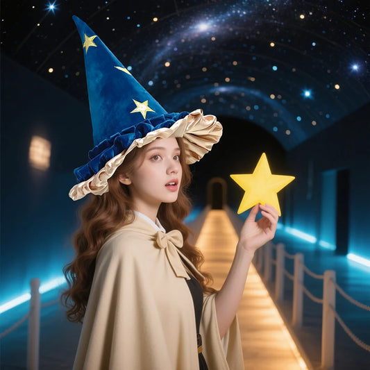 EtherealBe blue Halloween witch hat for women with stars and frill detail, perfect for costumes