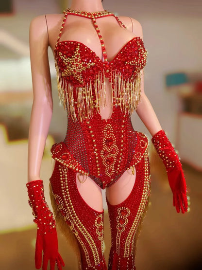 Women Sparkly Rhinestone Red Bodysuit 4Pieces Set Nightclub Party Stage Show Outfit Cabaret Carnival Showgirl Sexy Wear Hongding