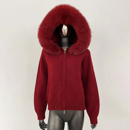 OFTBUY Real Fox Fur Kintwear Women 2025 New Spring Autumn Hooded Sweater Female Loose Zipper Kintted Jacket Oversized Cardigan