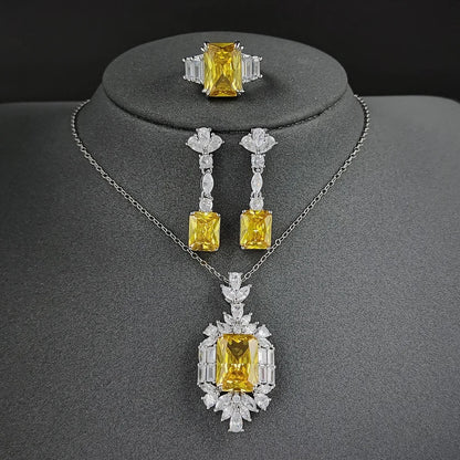 Fashion Niche Yellow Color Zircon Earring Ring Necklace Three-Pieces Set For Women Party Birthday Custom Jewelry
