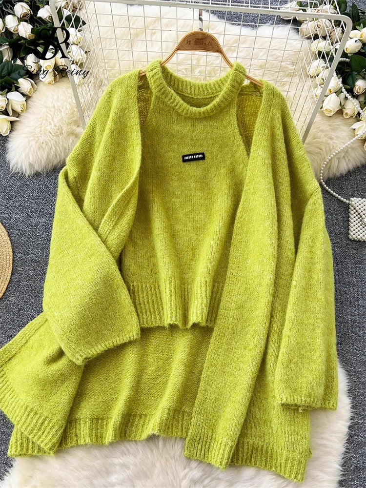 SINGREINY Fashion Solid Cashmere Sweater Long Sleeves Loose Warm Cardigan+Sleeveless Knitting Tank Top Winter Gentle Casual Tops
