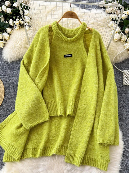 SINGREINY Fashion Solid Cashmere Sweater Long Sleeves Loose Warm Cardigan+Sleeveless Knitting Tank Top Winter Gentle Casual Tops