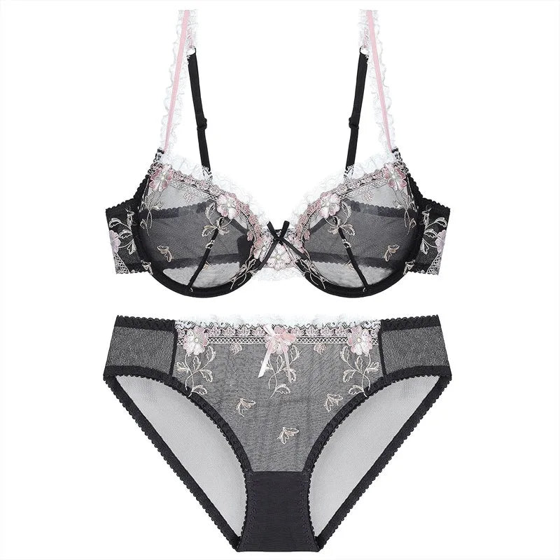 Free Shipping! Exquisite embroidery lotus pink ultra-thin women's sexy transparent lace underwear bra set