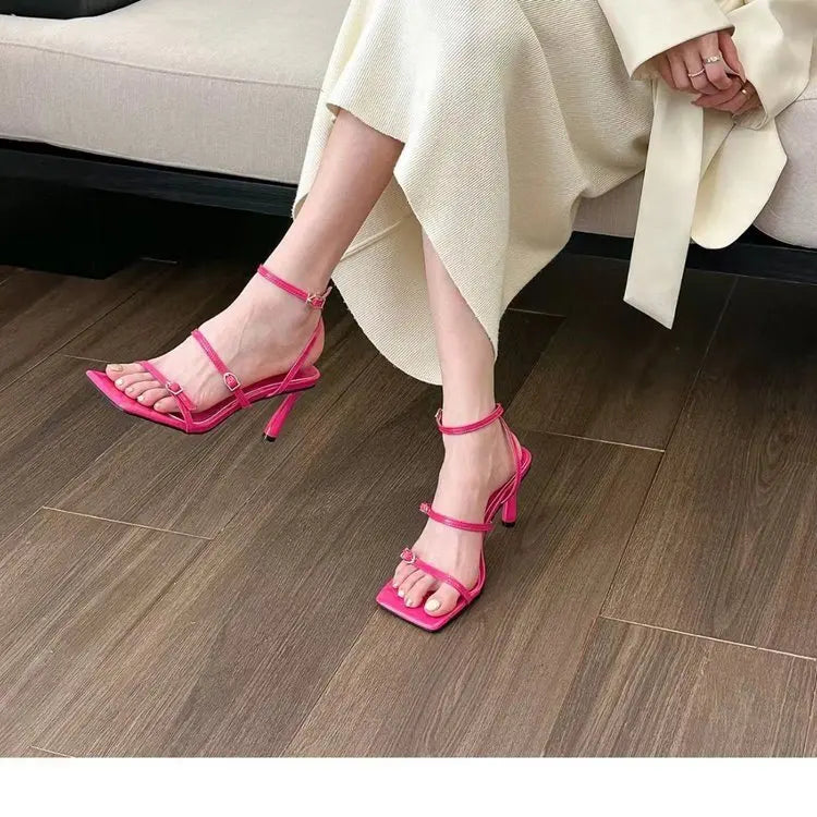 New Women's Shoes Fashion Buckle Design Square Toe Thin High Heel Sandals Shoes for Women Sandalias De Mujer 2023