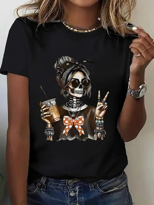 Stylish women's skeleton graphic Halloween t-shirt with a boho design and peace sign