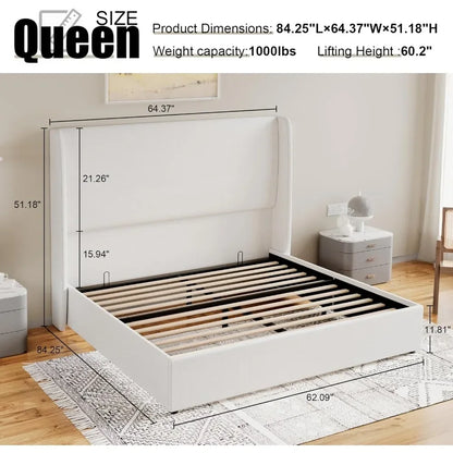 Lift Up Storage Bed  Linen Upholstered Platform Bed Frame/Hydraulic Storage/Modern Wingback Headboard/No Box Spring Needed